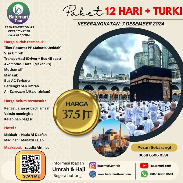 Umrah Plus Turkey 1446H, AT Tour, Paket 12 hari , Keberangkatan 7 Desember 2024